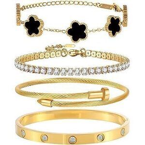 18K Gold Plated Nail Love Bangle Bracelet Set For Women Stackable Floral Clover